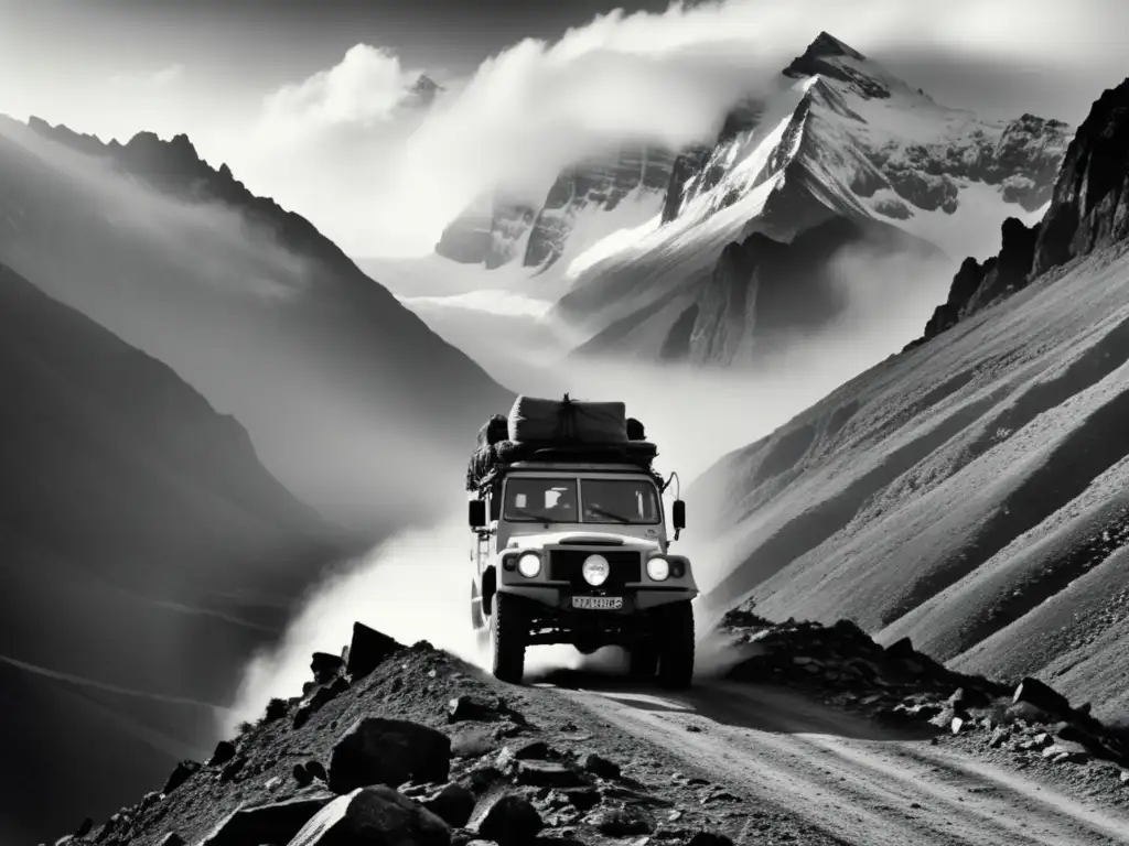 Vehículo de expedición en montaña Fotografía en blanco y negro de un vehículo de expedición atravesando una montaña, resaltando su robustez y adaptabilidad