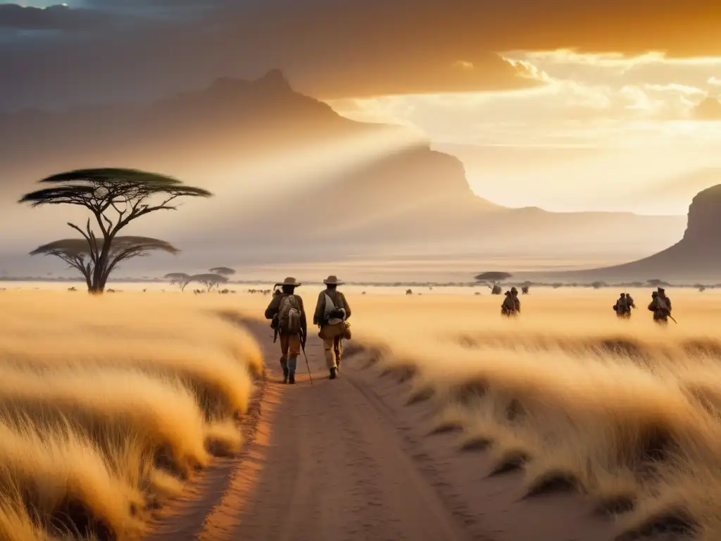 Expedición de Stanley a África: paisaje cautivante de la sabana dorada con exploradores valientes