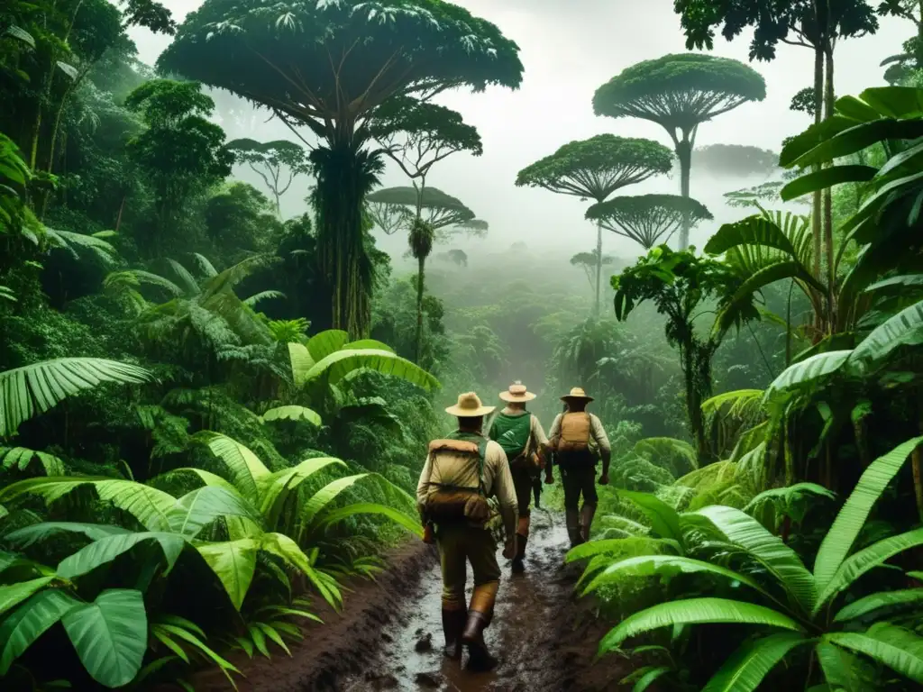 Exploración científica en la selva amazónica con exuberante vegetación y montañas imponentes