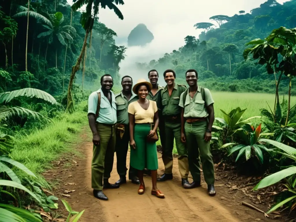 Expediciones en la selva del Congo: Exploradores en la densa jungla, cascada cristalina y estilo vintage