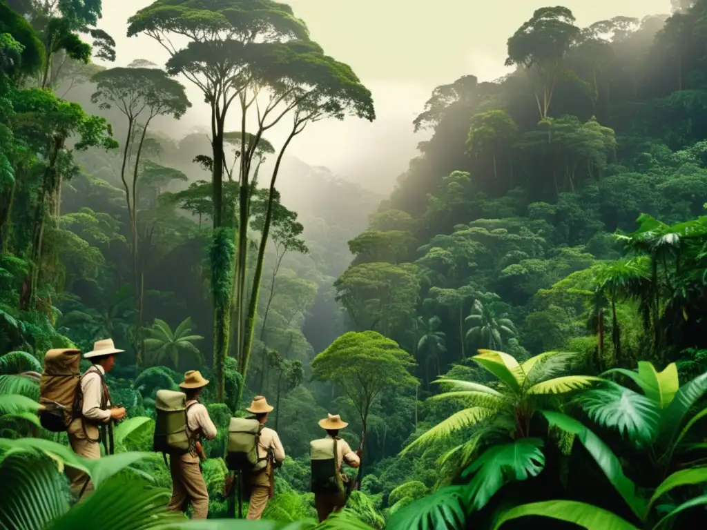 La huella de las expediciones en el estudio de las aves exóticas en una imagen vintage de una escena clásica de expedición en la selva