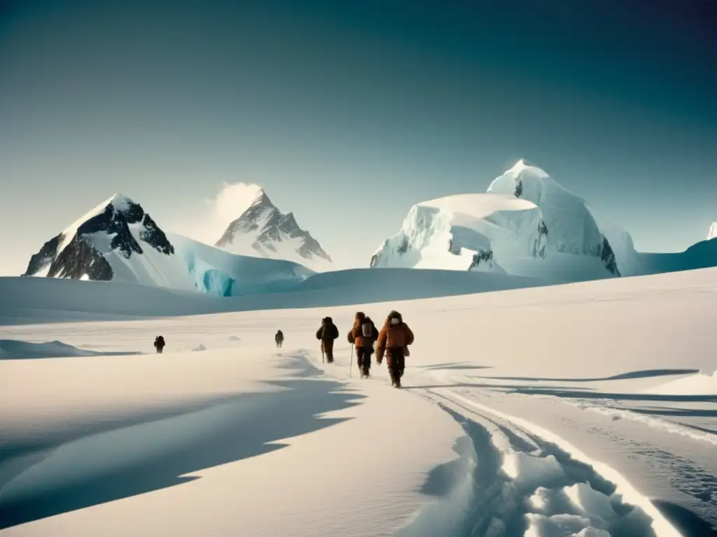 Conquista del Polo Sur: Foto vintage del peligroso paisaje del Polo Sur, con exploradores avanzando en la nieve