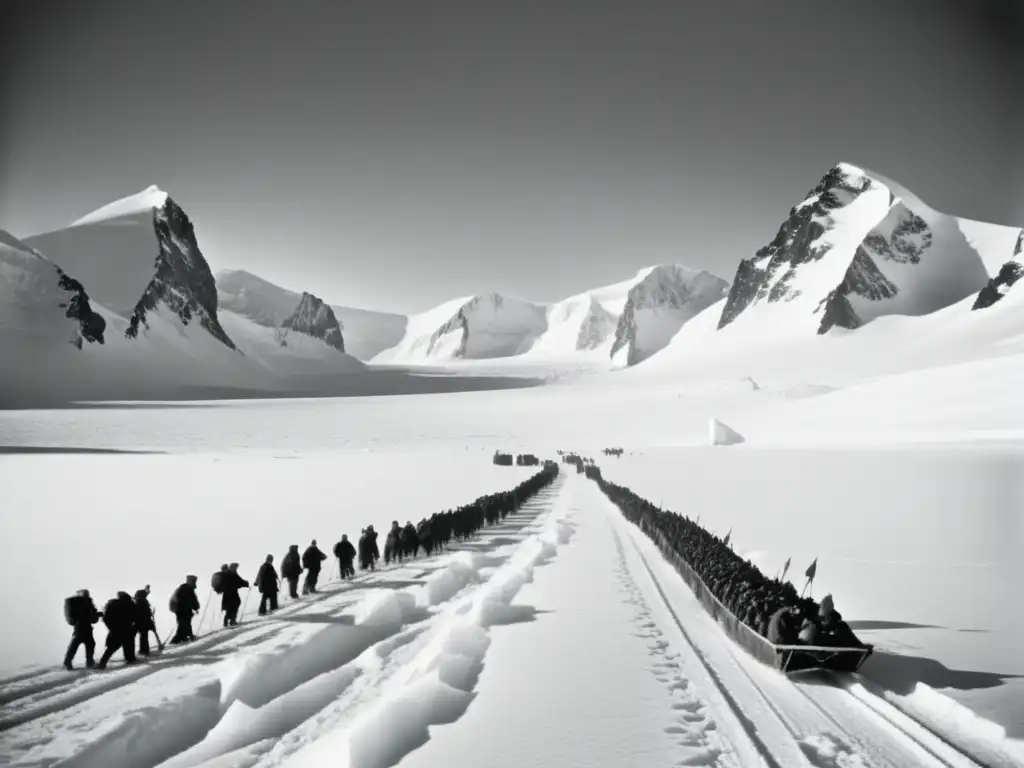 Foto histórica en blanco y negro del desafiante viaje a la Antártida, con montañas nevadas y exploradores hacia el Polo Sur