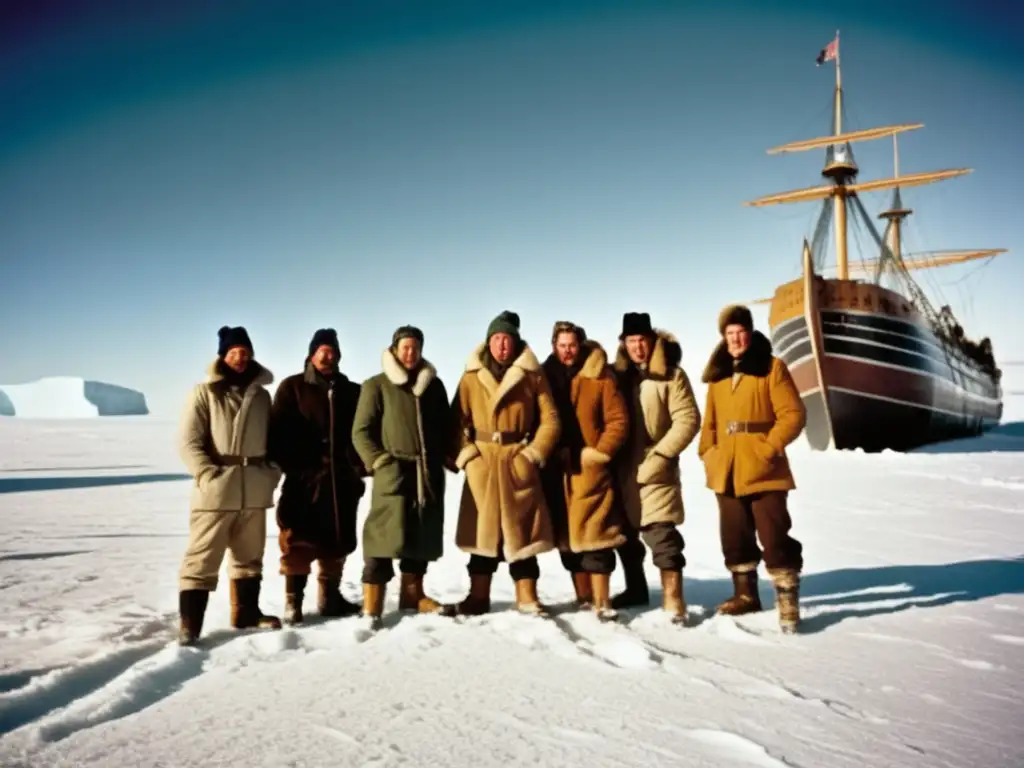 Travesía de Shackleton al Polo Sur: exploradores en paisaje helado con barco y montañas nevadas