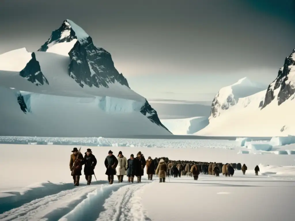 Fotografía en blanco y negro de la impresionante paisaje antártico, legado de Roald Amundsen en exploración polar