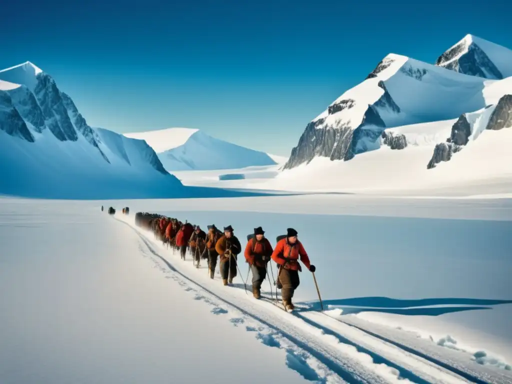 Expedición de Roald Amundsen hacia el Polo Sur: equipo de exploradores valientes superando obstáculos en un paisaje helado y montañas nevadas