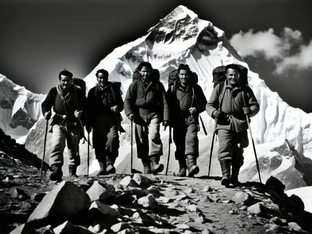 Conquista del Everest: Grupo de alpinistas ascendiendo con determinación hacia la cima, capturados en una fotografía en blanco y negro vintage