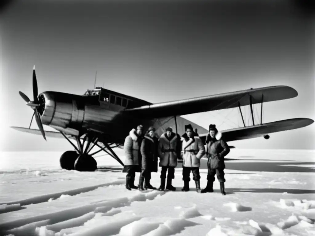 Fotografía histórica de la Expedición Richard Byrd al Polo Norte: exploradores frente al avión 