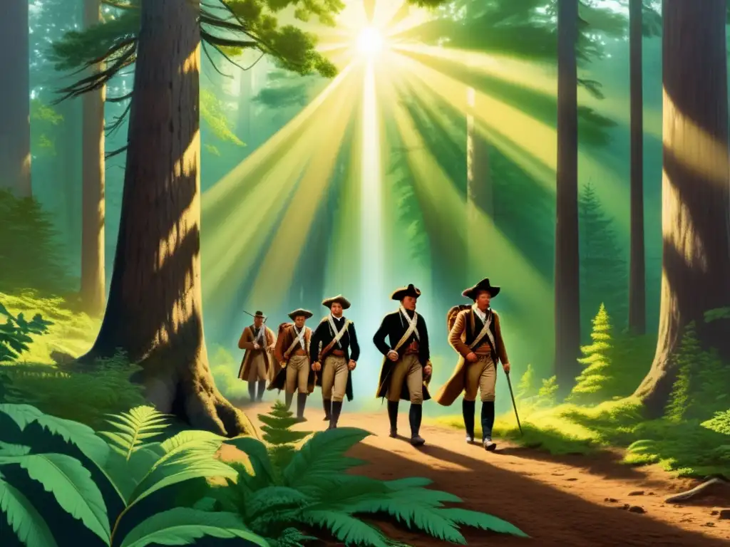 Ilustración vintage de la Expedición de Lewis y Clark: exploradores en un bosque denso, con árboles majestuosos y rayos de luz filtrándose