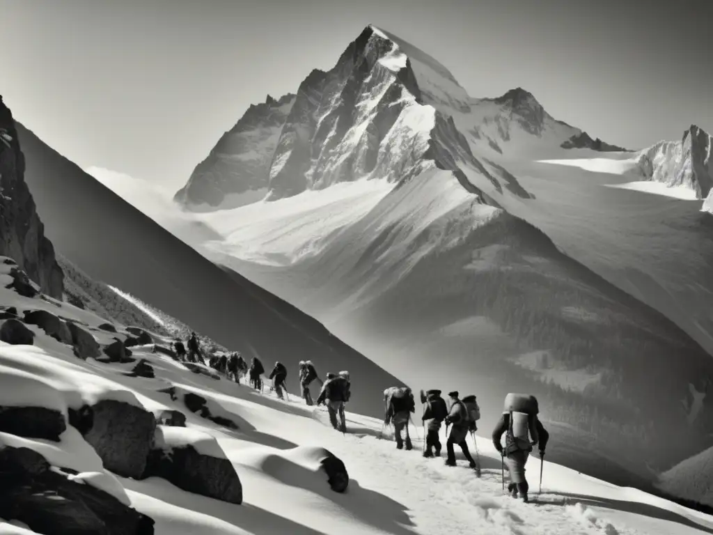 Vintage expedición montañera: exploradores en la base de una imponente montaña, con determinación y enfoque