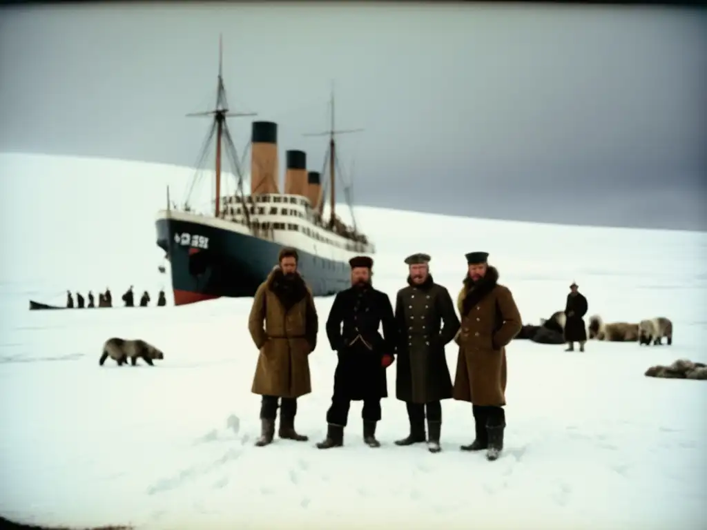 La audacia de Nansen: Explorando el Ártico en el Fram, grupo de exploradores en tierra, barco Fram al fondo, paisaje nevado y desolado con icebergs