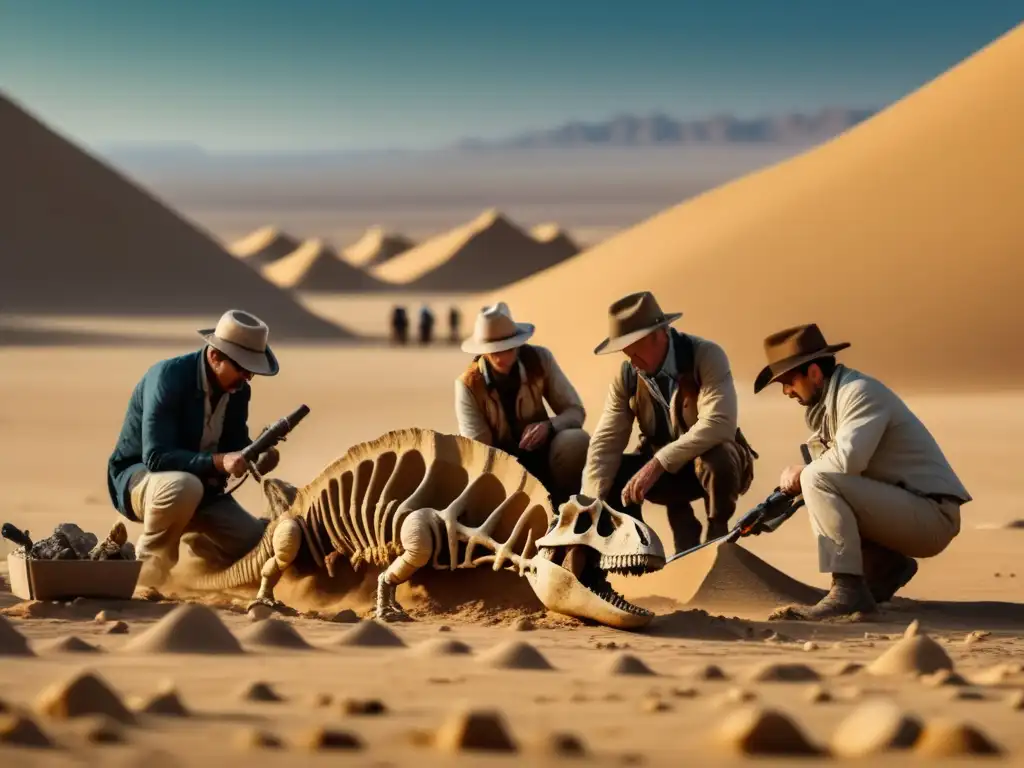 Expedición Desierto de Gobi: Paleontólogos excavando fósiles de dinosaurios en paisaje árido