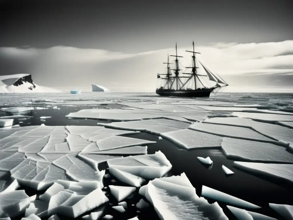 Travesía de Shackleton al Polo Sur: imagen histórica de la expedición en el Mar de Weddell, con iceberg y barco en condiciones extremas