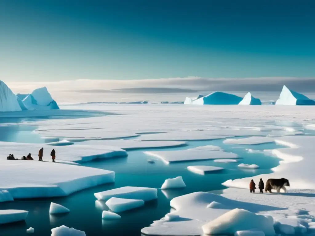 Paisaje helado del Ártico con Inuit y embarcación en hielo: El Misterio de la Expedición Perdida de Franklin al Ártico