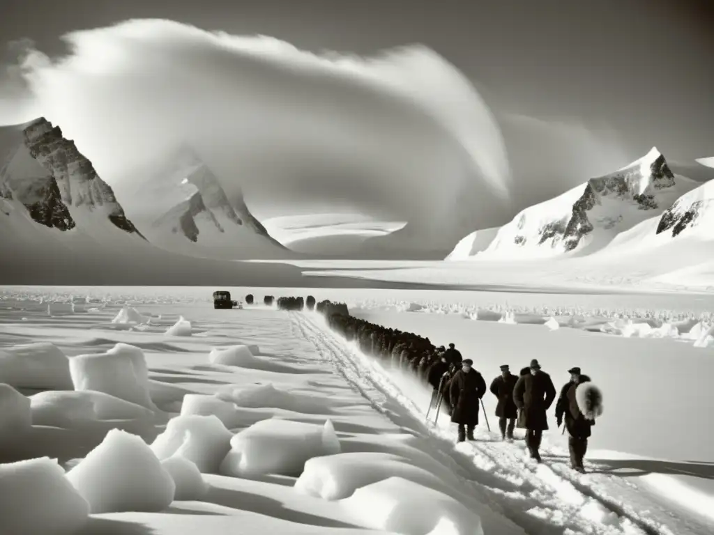 Fotografía de exploración polar con paisaje helado, montañas nevadas, exploradores, perros y majestuoso oso polar