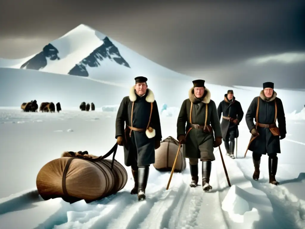 Travesía de Shackleton al Polo Sur: Exploradores en la vasta Antártida, enfrentando glaciares y montañas, con un toque nostálgico