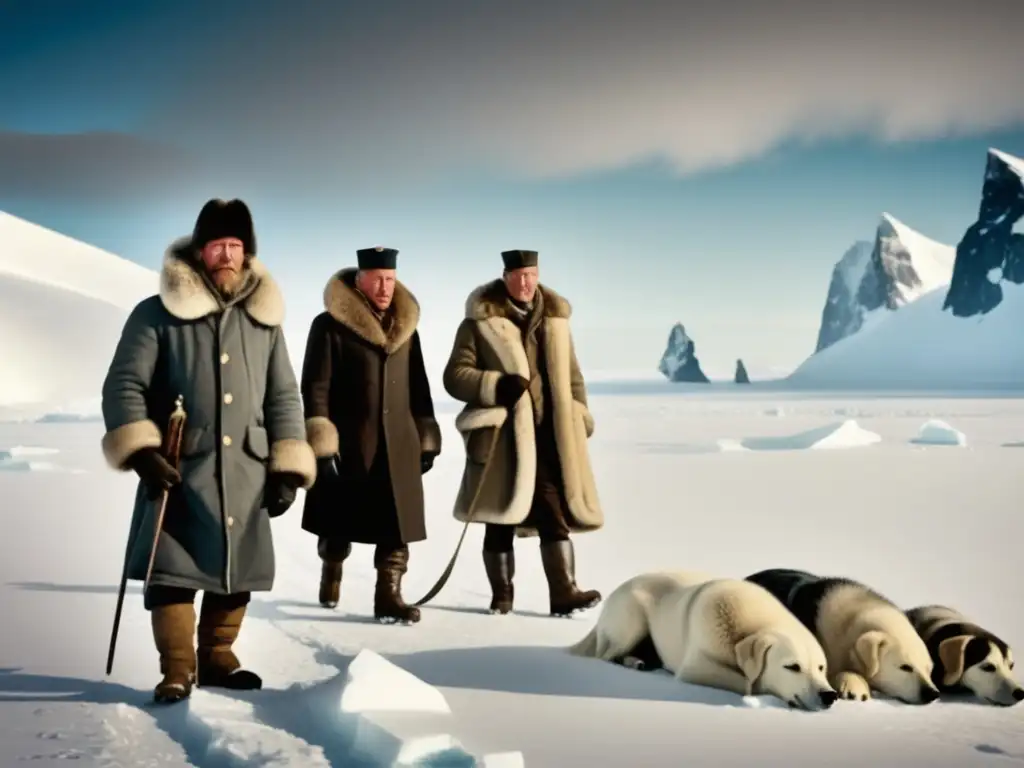 Roald Amundsen: Éxito en Polo Sur, aventura en paisaje polar con montañas y glaciares, fur coats, compass y map (110 caracteres)