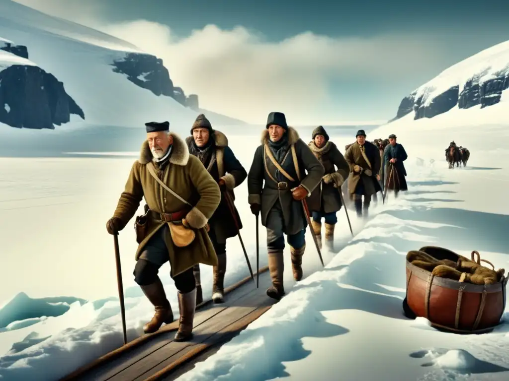 Expedición al Polo Sur: Equipo de exploradores de Roald Amundsen en un paisaje helado vintage