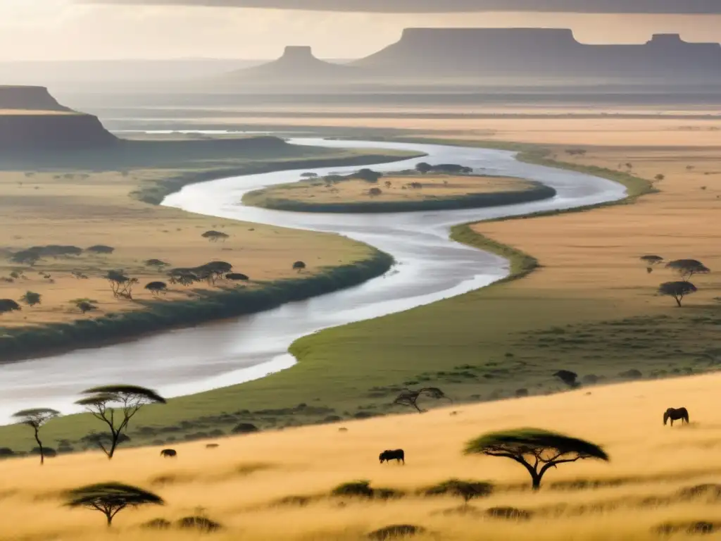 Ilustración vintage de la expedición de Stanley en África: paisaje africano panorámico con ríos, vegetación exuberante y montañas majestuosas