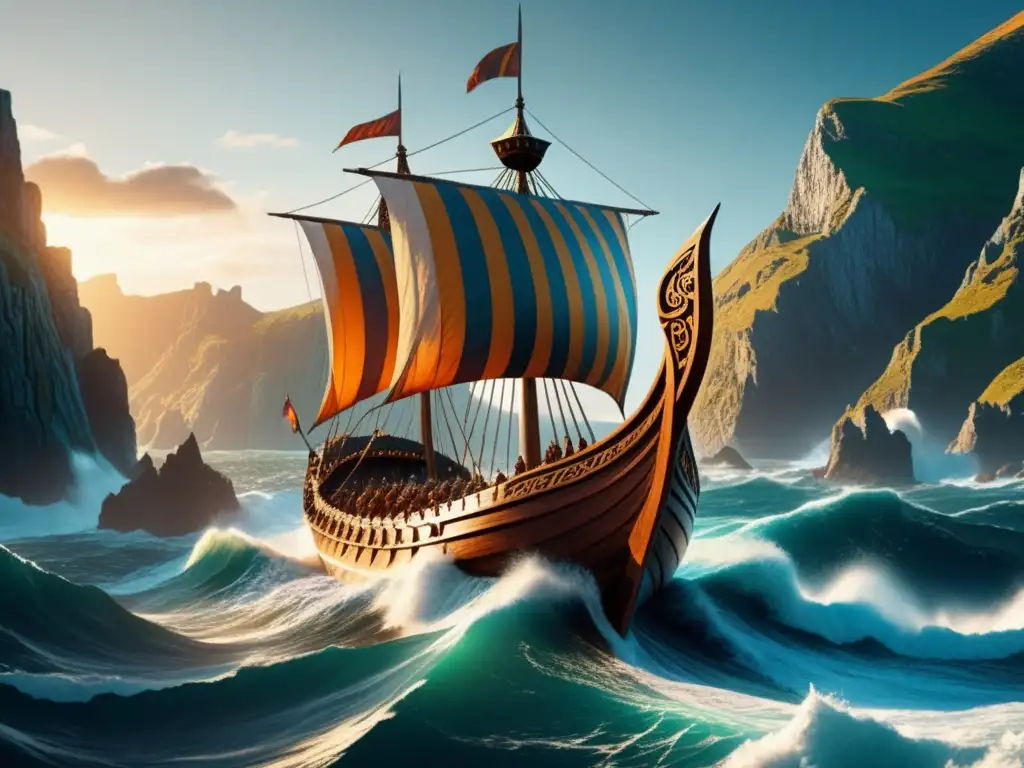 Longship vikingo navegando en océano, costa escarpada, tripulación vikinga, legado histórico de Leif Erikson en América