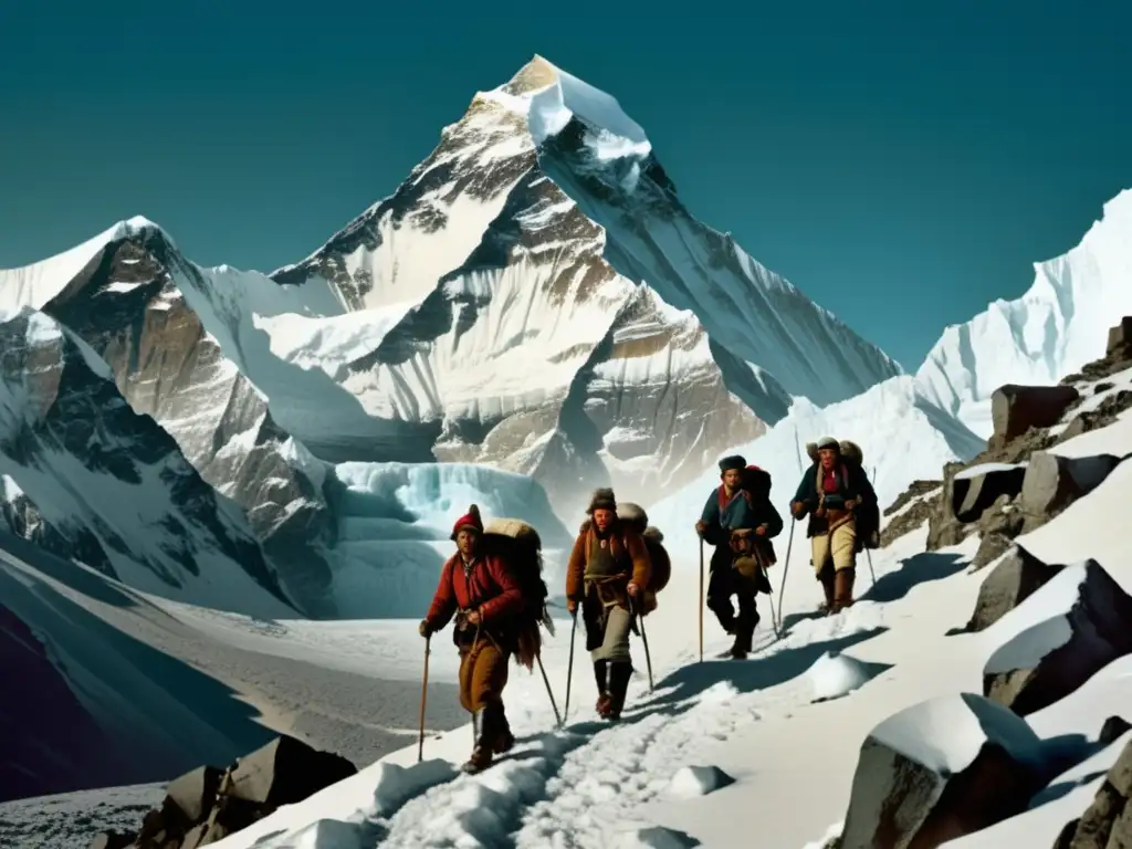 Expedición vintage de montañismo en el Everest, con exploradores, equipo tradicional del siglo XX y majestuosa cima