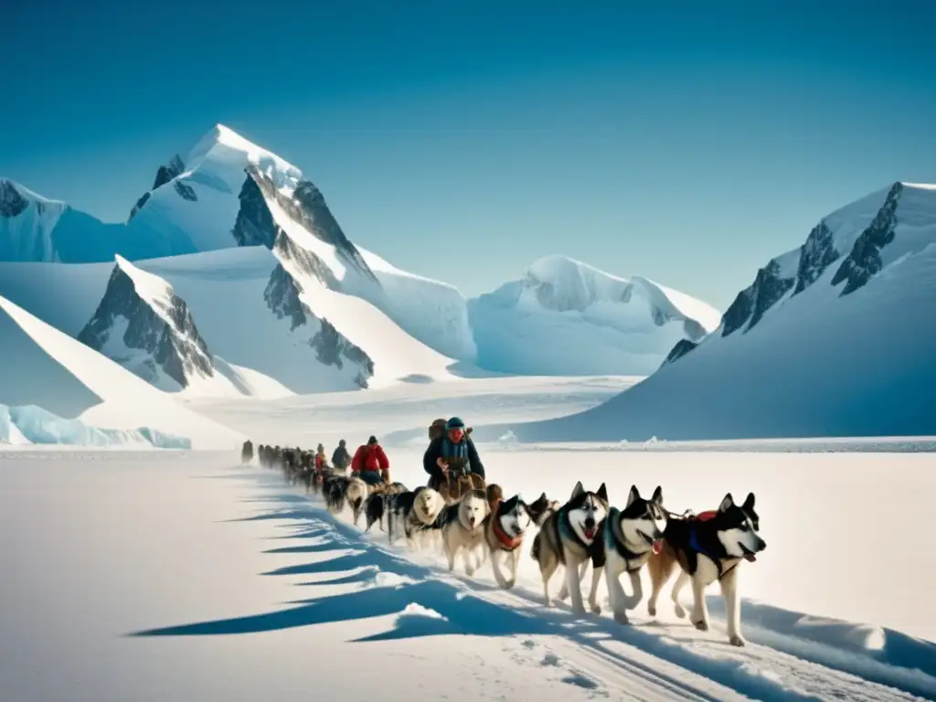 Paisaje del Polo Sur con exploradores y perros de trineo