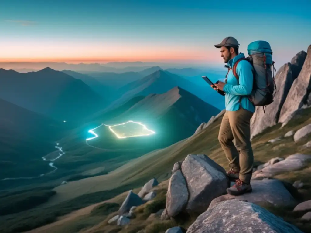 Hiker con GPS y mapa en montañas al atardecer: Navegación precisa y eficiente