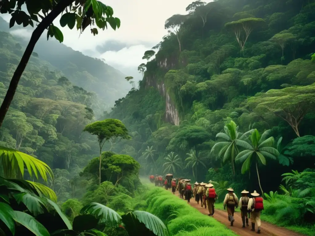 Expedición vintage de Jiménez de Quesada en Colombia, con exploradores y guías indígenas en una exuberante selva