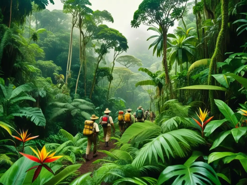 Descubrimientos biogeográficos en bosques tropicales: expedición vintage en la selva con exploradores, fauna, flora y río