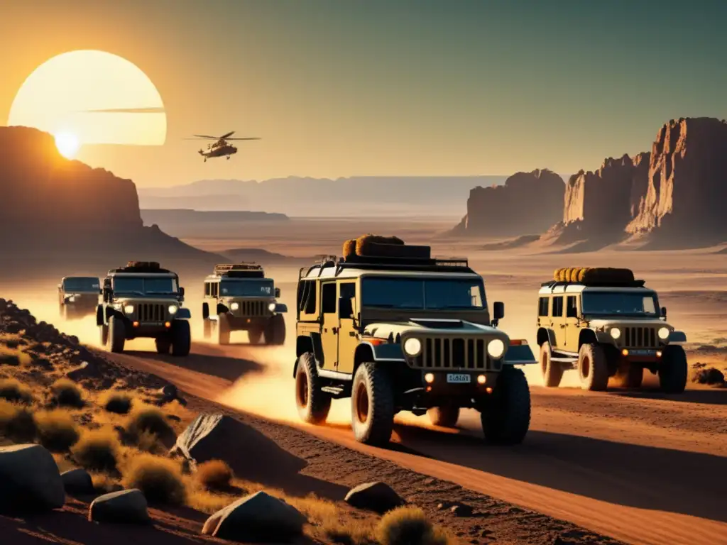 Paisaje offroad vintage Vehículos todoterreno en expediciones desafiantes en paisaje vintage de 8k con terreno rocoso y puesta de sol