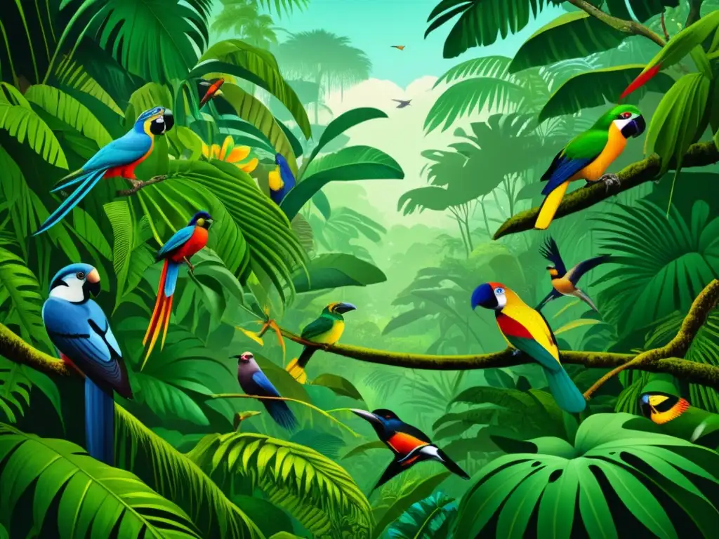 Ilustración vintage de una exuberante selva tropical llena de aves exóticas, ideal para el artículo 