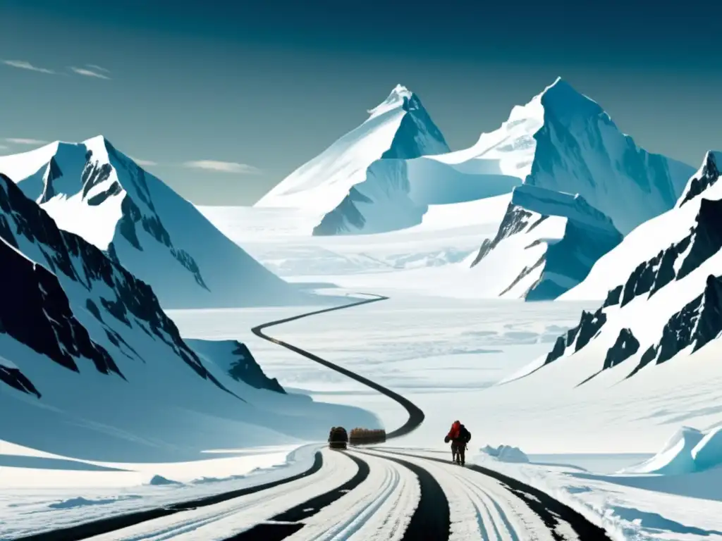 Ruta al Polo Sur: Expediciones de Amundsen y Scott enfrentando desafíos en un paisaje helado con montañas nevadas