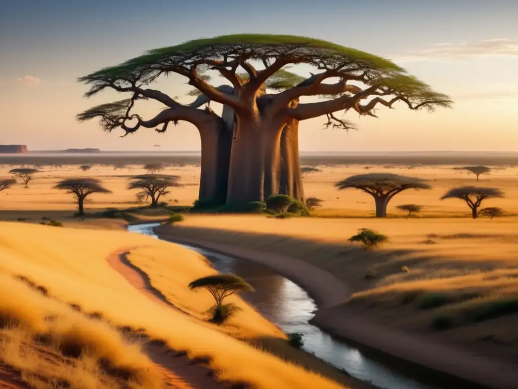 Paisaje africano del siglo XIX: exploración, baobabs, río y campamento vintage