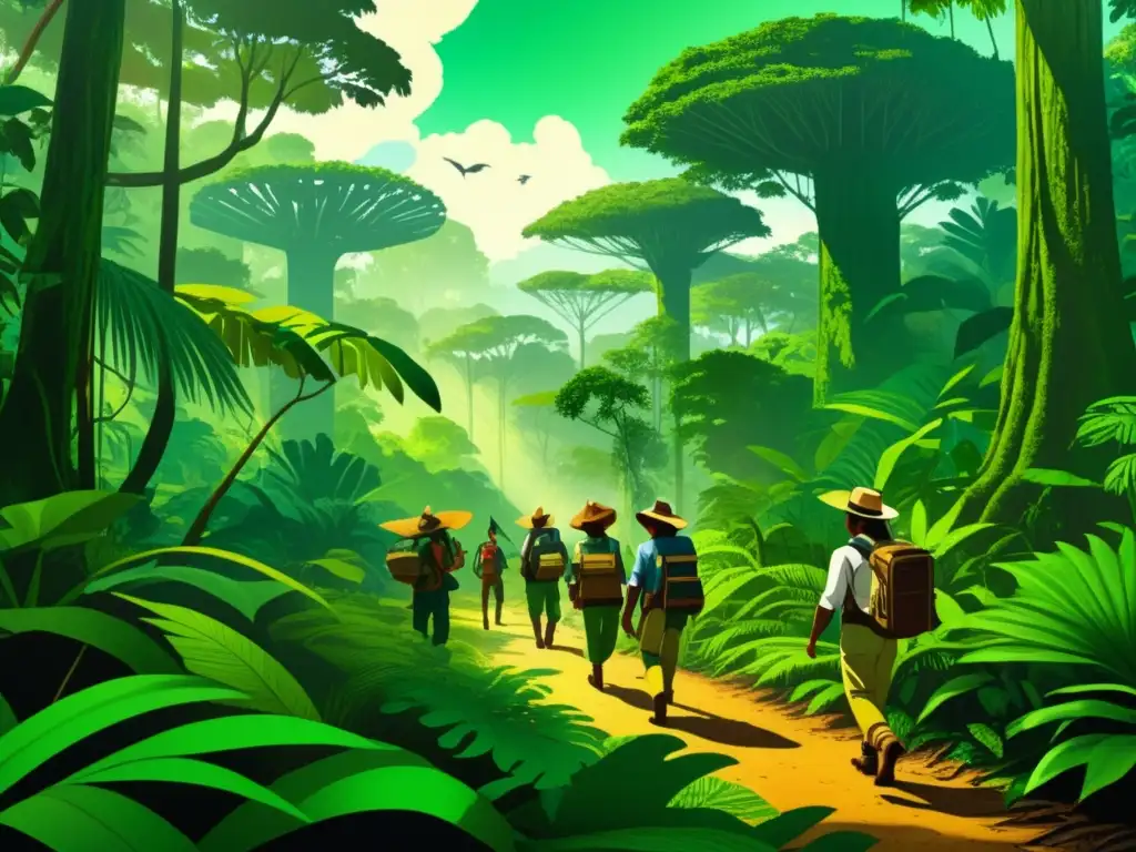 Expediciones en la selva: Ilustración detallada en 8k de la exuberante selva amazónica con árboles gigantes, exploradores y animales exóticos