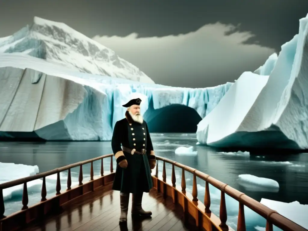 Henry Hudson en su nave Half Moon navegando entre glaciares