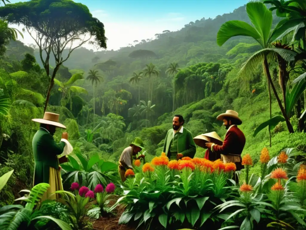 Exploración botánica de José Celestino Mutis en el Virreinato de Nueva Granada, en un exuberante bosque tropical