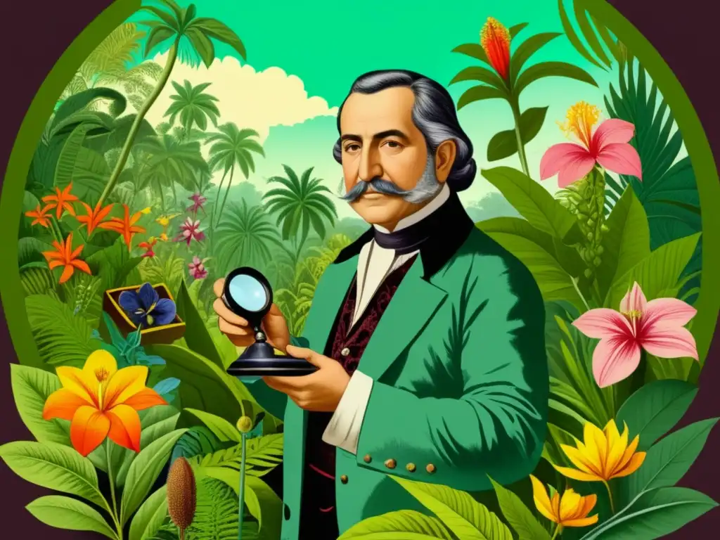 Ilustración estilo vintage del botánico José Celestino Mutis inmerso en su expedición botánica