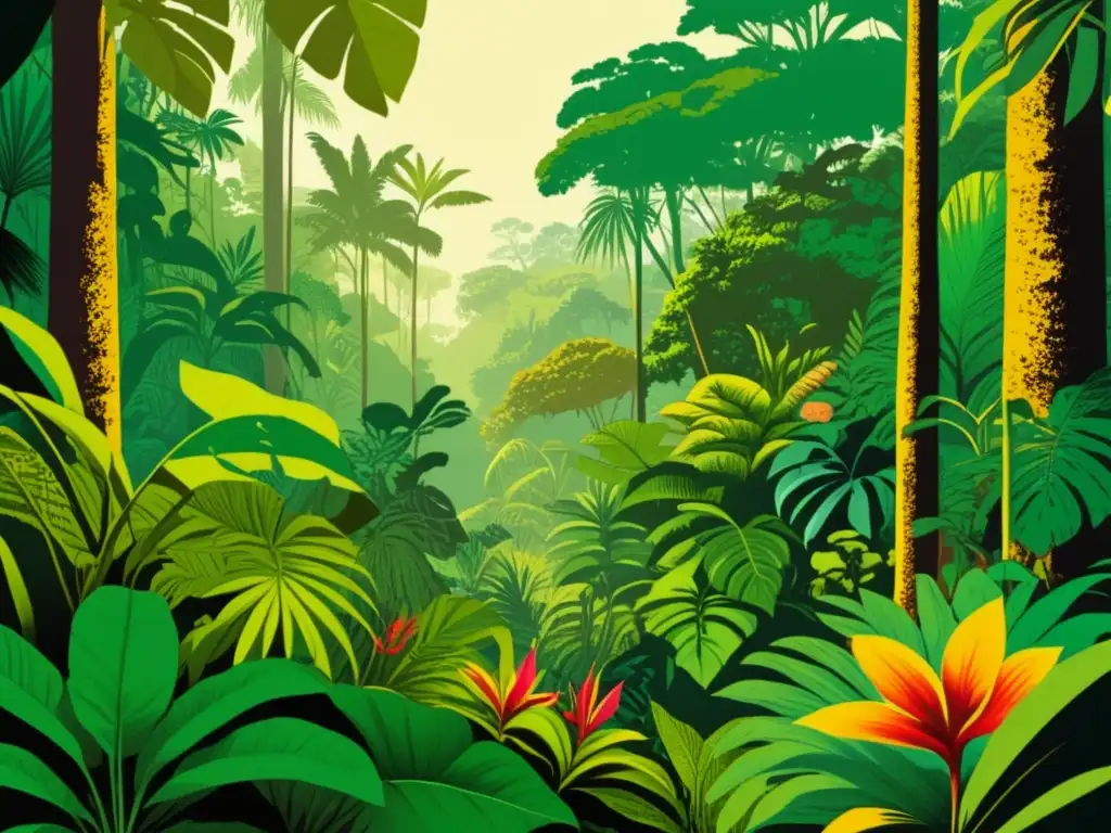 Ilustración vintage de una exuberante selva tropical en Nueva Granada durante la Expedición de Mutis