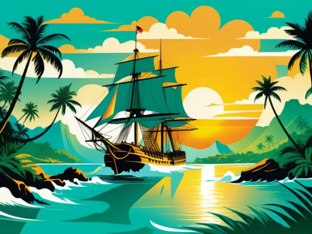 Ilustración vintage de James Cook y el Pacífico, con el HMS Resolution navegando en aguas turquesas y paisaje tropical vibrante