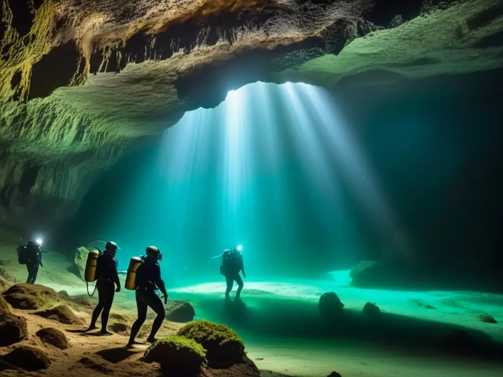 Exploración peligrosa de buzos equipados, iluminados y comunicándose en una cueva submarina misteriosa