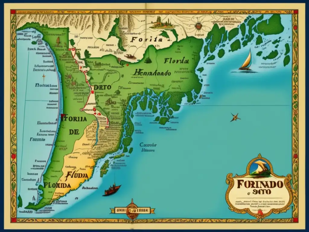 Hernando de Soto y su expedición en un mapa vintage de Florida, cambiando la historia norteamericana