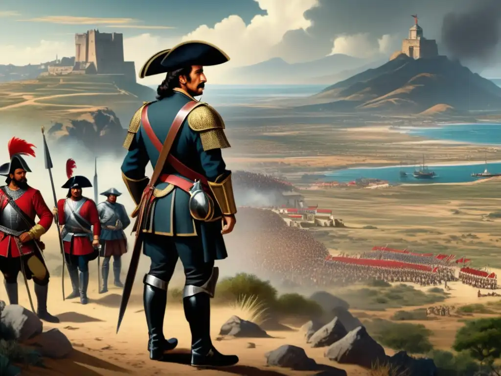 Francisco Vázquez de Coronado y su exploración del Nuevo Mundo con detalle, mostrando conquistador y paisaje