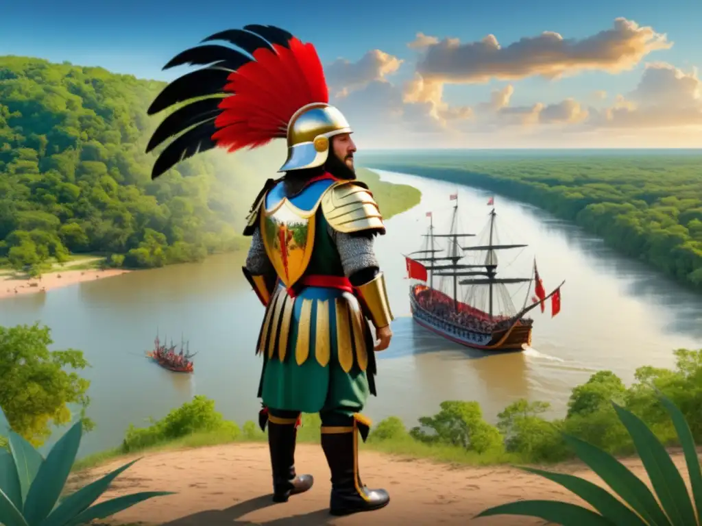 Hernando de Soto en el río Mississippi rodeado de bosques, con armadura de conquistador y casco con pluma roja