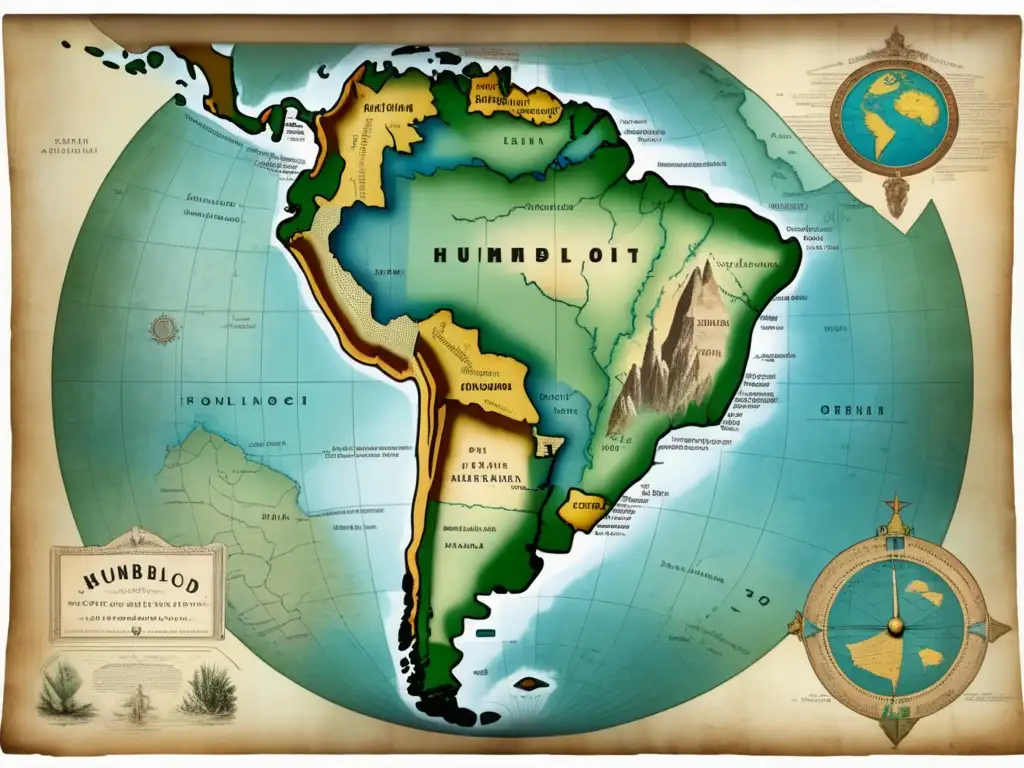 Mapa antiguo de América del Sur con retrato desgastado de Alexander von Humboldt y elementos naturales