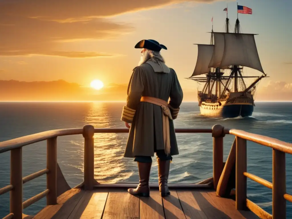 Exploración norteamericana: John Cabot en su barco, contemplando paisaje de acantilados y bosques, con atardecer dorado reflejado en el mar