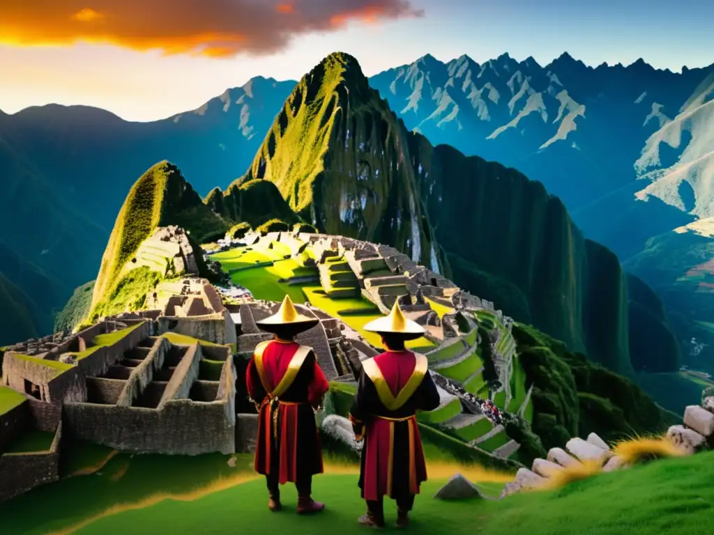 El viaje de Francisco Pizarro: Descubrimiento del Imperio Inca en una imagen vintage de Machu Picchu al atardecer