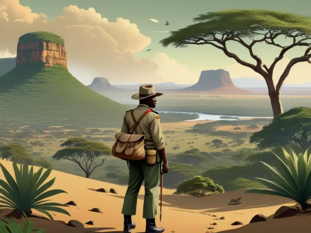 Ilustración de paisaje africano con explorador Stanley en busca de Livingstone