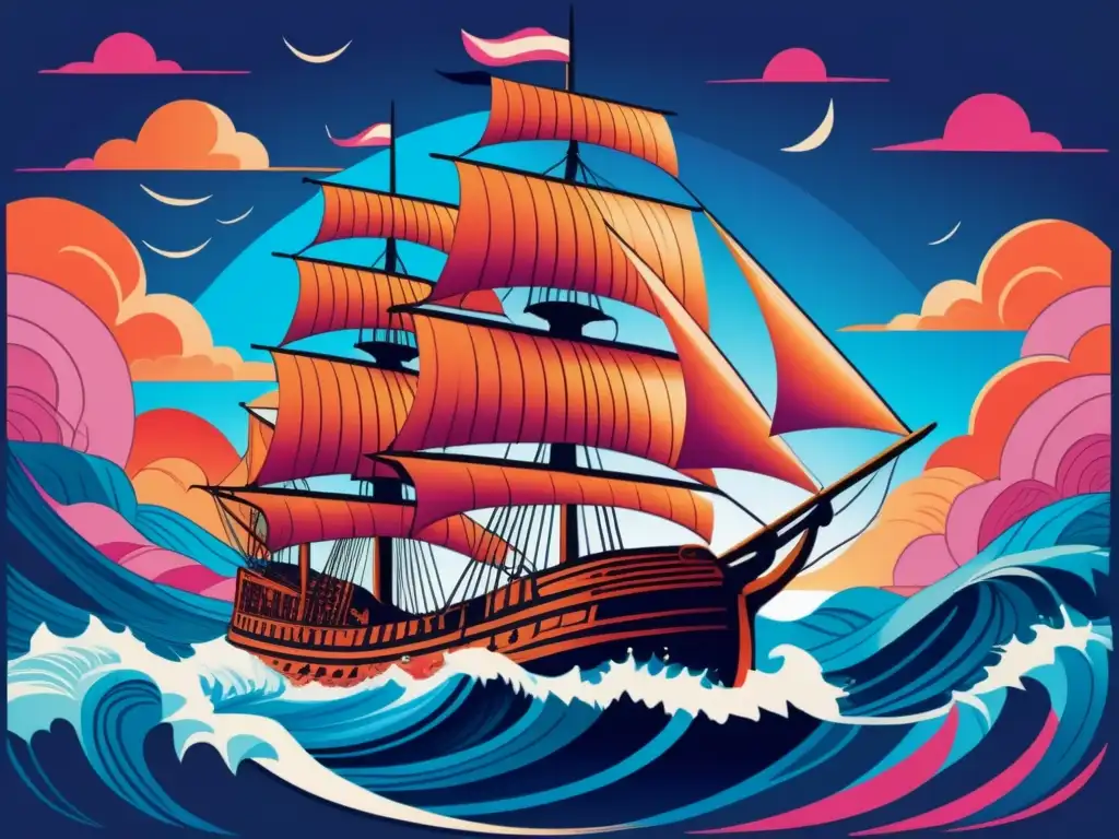 Majestuoso barco de madera surcando el océano en una ilustración vintage