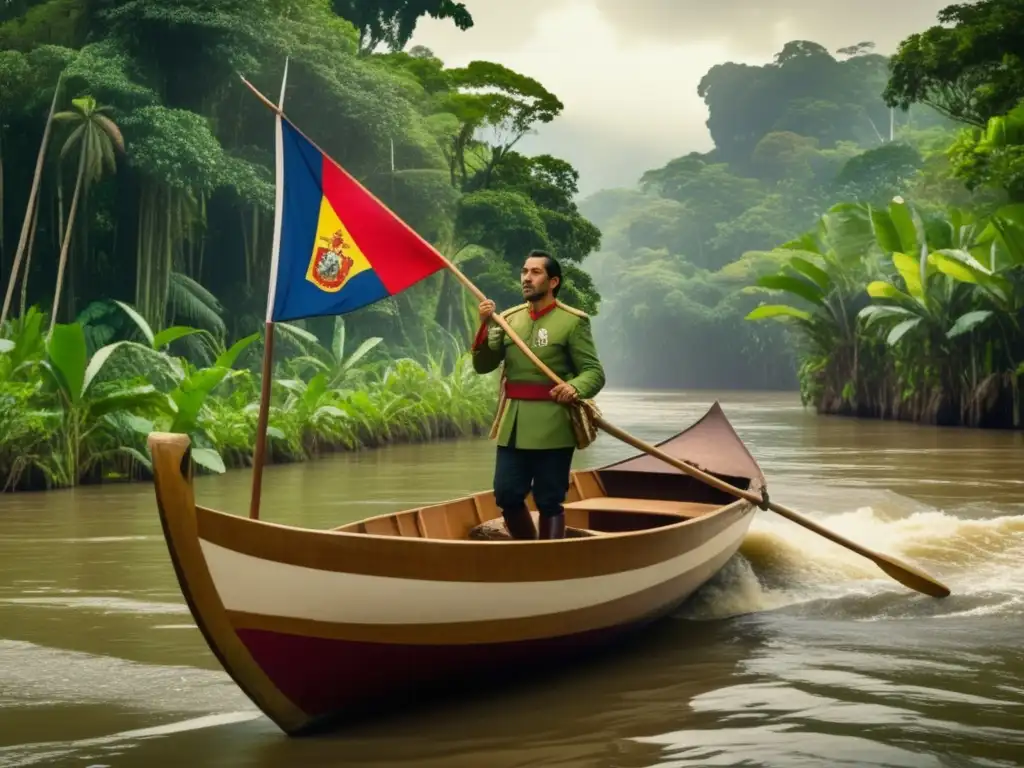 Explorador Francisco de Orellana surcando río Amazonas rodeado de selva exuberante, banderas españolas ondean en su barco