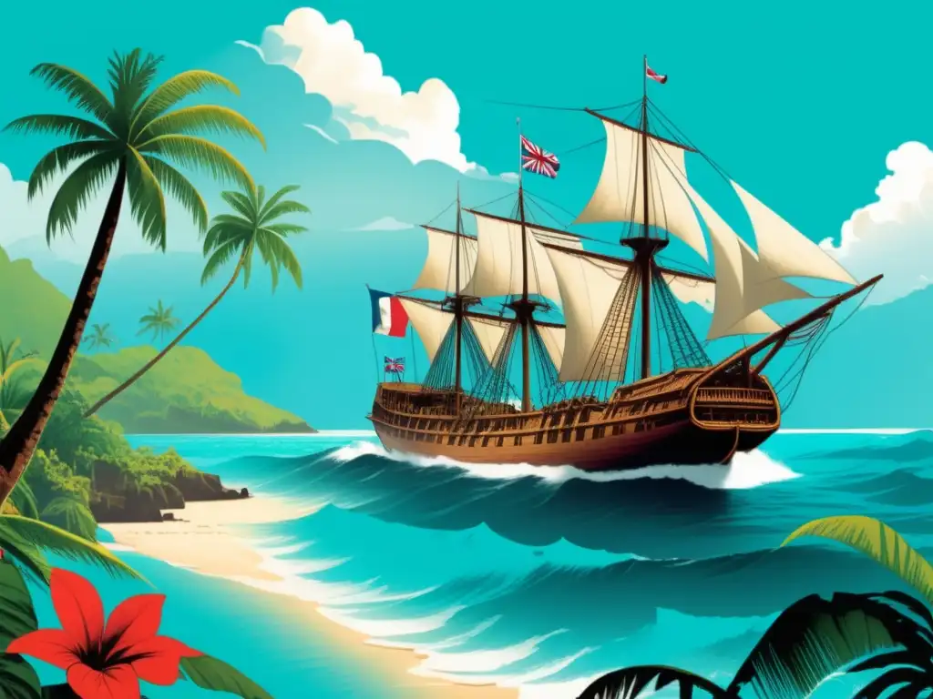 Ilustración vintage de un emocionante viaje de exploración a las Islas de la Sociedad